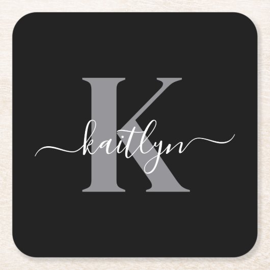 Dessous-de-verre Carré En Papier Monogramme moderne gris noir script (Devant)