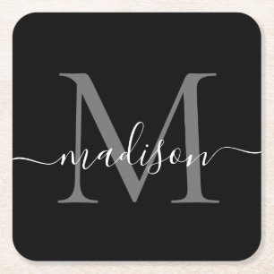 Dessous-de-verre Carré En Papier Monogramme moderne Nom de script noir gris classiq
