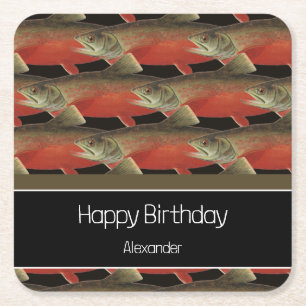 Dessous-de-verre Carré En Papier Monogramme moderne Poisson Saumon Design Noir Blan