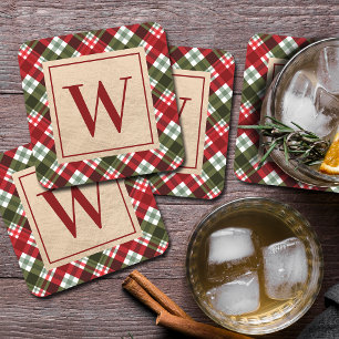 Dessous-de-verre Carré En Papier Monogramme moderne sur le plateau de Noël