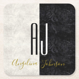 Dessous-de-verre Carré En Papier Monogramme noir et Marbre blanc