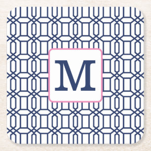 Dessous-de-verre Carré En Papier Monogramme octogonal bleu blanc élégant