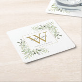 Dessous-de-verre Carré En Papier Monogramme Or Élégant Vert Moderne Floral (Incliné)