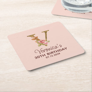 Dessous-de-verre Carré En Papier Monogramme Or Lettre V Or Roses Rose Pâle