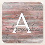 Dessous-de-verre Carré En Papier Monogramme or rose et bois rustique & initial<br><div class="desc">Faux Rose Gold Foil et Rustic Wood Monogramme Anniversaire,  Fête des mariées ou Dessous de verre Bachelorette élégants. Ces Dessous de verre de fête d'anniversaire peuvent être customisés pour inclure votre nom initial et prénom.</div>