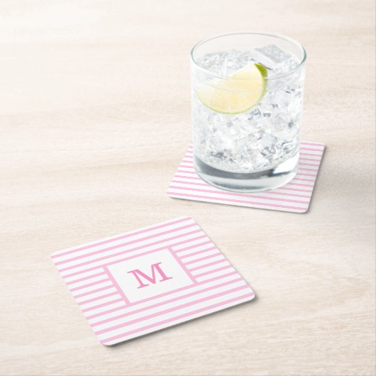 Dessous-de-verre Carré En Papier Monogramme personnalisé Bébé rose et blanc (En situation)