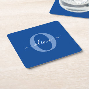 Dessous-de-verre Carré En Papier Monogramme personnalisé Nom du script Bleu Blanc