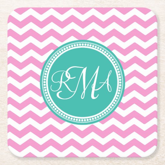 Dessous-de-verre Carré En Papier Monogramme Pink et Turquoise Chevron Custom (Devant)
