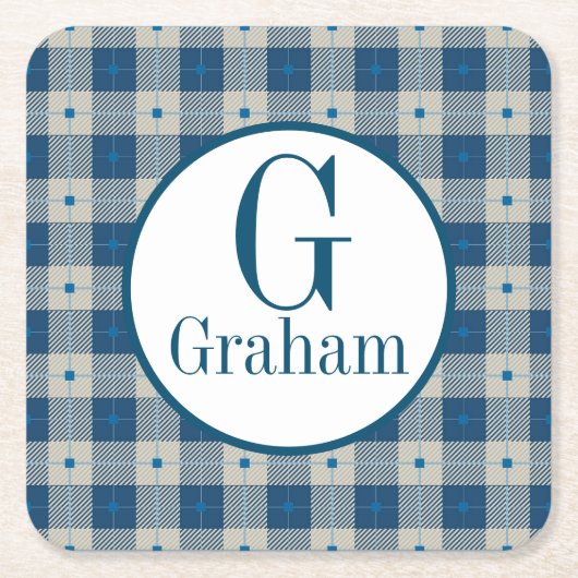 Dessous-de-verre Carré En Papier Monogramme Plaid Blue Lodge Personnalisé (Devant)