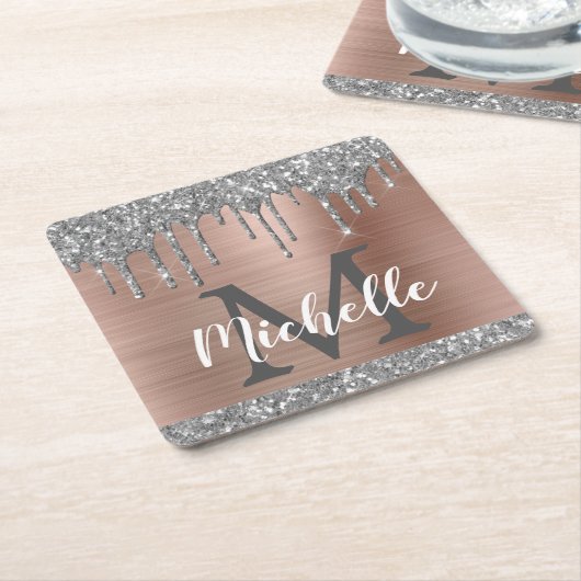 Dessous-de-verre Carré En Papier Monogramme Rose Gold avec Gouttes de Paillettes Ar (Incliné)