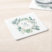 Dessous-de-verre Carré En Papier Monogramme Roses blanches Verdure Eucalyptus Maria (Incliné)