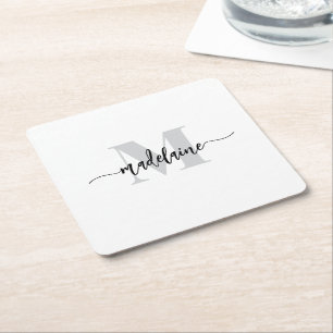 Dessous-de-verre Carré En Papier Monogramme Silver Blanc noir personnel