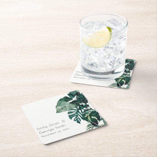 Dessous-de-verre Carré En Papier Monstera Tropical Foliage Vert Mariage Rustique (En situation)