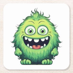 Dessous-de-verre Carré En Papier Monstre Vert Mignon Dessin Animé Sourire