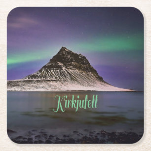 Dessous-de-verre Carré En Papier Montagne de Kirkjufell en Islande Lumières du Nord