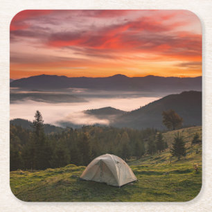 Dessous-de-verre Carré En Papier Montagnes Camping Foggy Sunrise