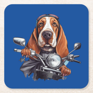 Dessous-de-verre Carré En Papier Motard canin cool, conducteur de chien basset houn