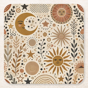 Dessous-de-verre Carré En Papier Motif Boho Celestial Soleil et Lune