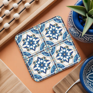 Dessous-de-verre Carré En Papier Motif carrelage marocain décoré n° 4 bleu blanc ID