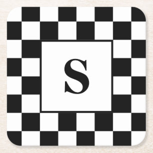 Dessous-de-verre Carré En Papier Motif chèque en noir et blanc avec initiale