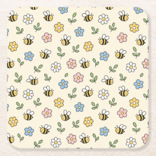 Dessous-de-verre Carré En Papier Motif d'abeille cartoonesque et de fleurs