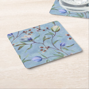 Dessous-de-verre Carré En Papier Motif d'anémones de tulipes bleues et blanches