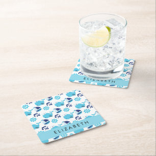 Dessous-de-verre Carré En Papier Motif De Baleines, Baleines Bleues, Votre Nom