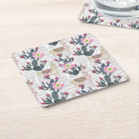 Dessous-de-verre Carré En Papier Motif de cactus d'aquarelle (Incliné)