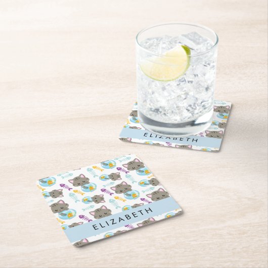 Dessous-de-verre Carré En Papier Motif De Chats, Chats Mignons, Chatons, Votre Nom (En situation)