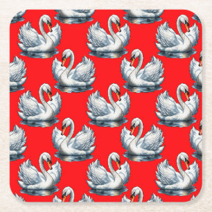 Dessous-de-verre Carré En Papier Motif de cygnes sur fond rouge