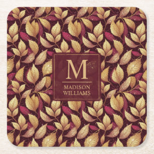 Dessous-de-verre Carré En Papier Motif de feuilles d'automne pailleté or marron rou