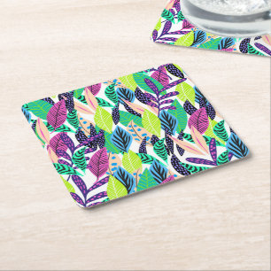 Dessous-de-verre Carré En Papier Motif de feuilles de forêt tropicale moderne color
