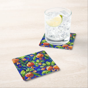 Dessous-de-verre Carré En Papier Motif de grenade bleu foncé et mosaïque de fruits