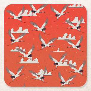 Dessous-de-verre Carré En Papier Motif de grue asiatique rouge