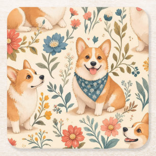 Dessous-de-verre Carré En Papier Motif de jardin floral de Corgi mignon