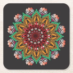Dessous-de-verre Carré En Papier Motif de mandala floral frais et coloré
