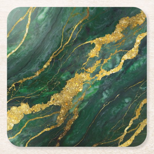 Dessous-de-verre Carré En Papier Motif de marbre vert avec or (Devant)