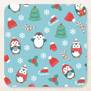Dessous-de-verre Carré En Papier Motif de pingouins de Noël mignons