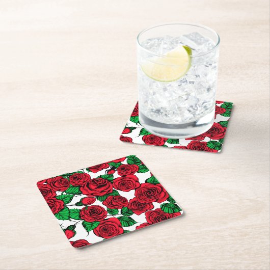 Dessous-de-verre Carré En Papier Motif de roses rouges (En situation)