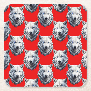 Dessous-de-verre Carré En Papier Motif de tête de loup blanc - Rouge