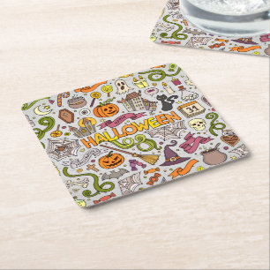 Dessous-de-verre Carré En Papier Motif d'objets de doodles d'Halloween colorés
