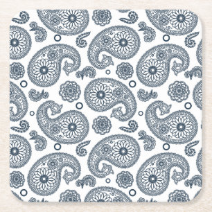 Dessous-de-verre Carré En Papier Motif en cachemire bleu foncé indien sur blanc