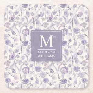 Dessous-de-verre Carré En Papier Motif floral aquarelle fleurs violet lavande