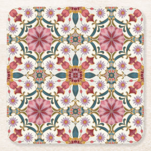 Dessous-de-verre Carré En Papier Motif floral boho en rouge, rose et sarcelle