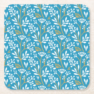 Dessous-de-verre Carré En Papier Motif floral sans couture : Blanc et or sur bleu