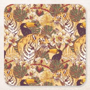Dessous-de-verre Carré En Papier Motif floral tropical avec le tigre