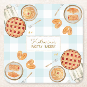 Dessous-de-verre Carré En Papier Motif Gingham Pâtisseries Aquarelle Boulangerie Pâ
