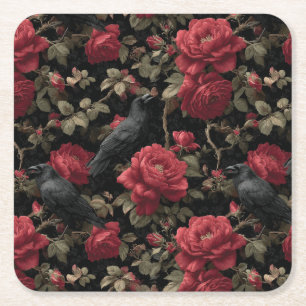 Dessous-de-verre Carré En Papier Motif gothique avec roses rouges et corbeaux