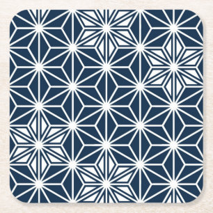 Dessous-de-verre Carré En Papier Motif japonais Asanoha - bleu indigo et blanc