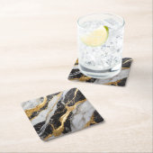 Dessous-de-verre Carré En Papier Motif Marbre Noir et Blanc avec Or (En situation)